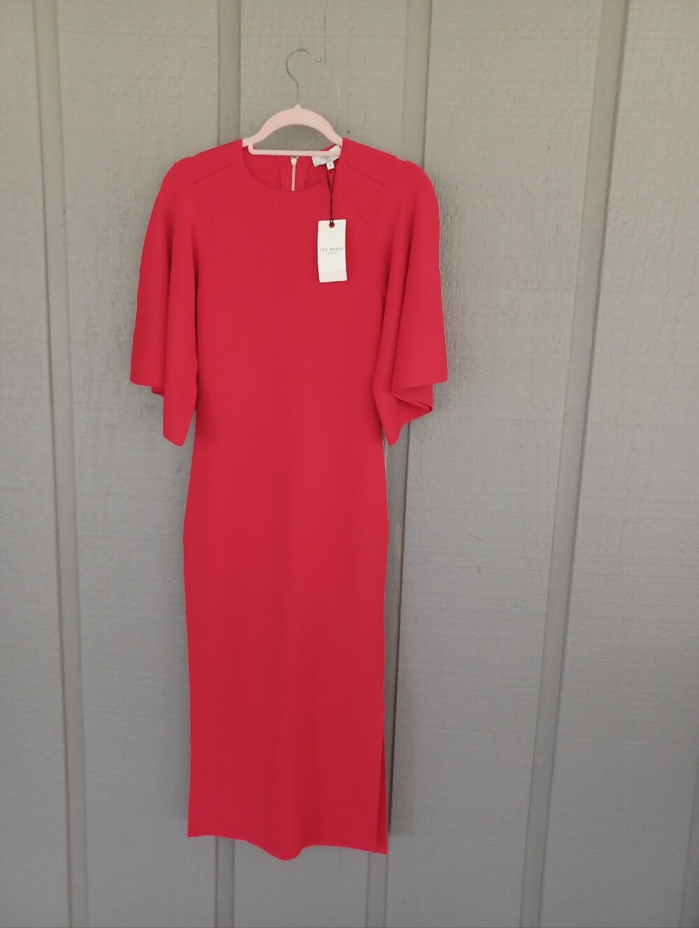Ted Baker Lounia Fluted Sleeve Bodycon Midi Dress Size 3 US 8 In Bright Orange